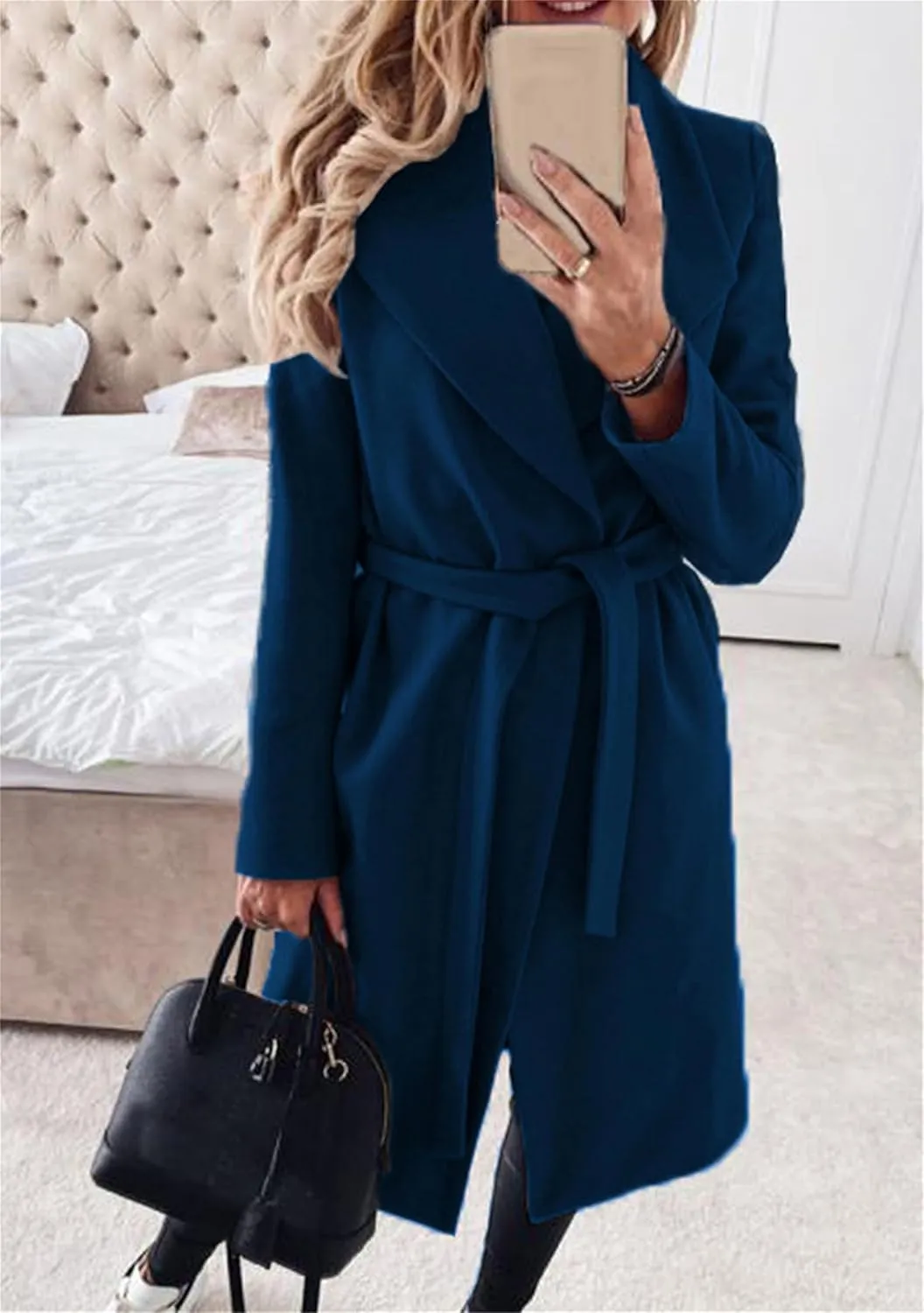 Women Solid Color Long Sleeve Trench Coat Lapel Collar Belt Jackets Wool Blend Wrap Work Long Coats