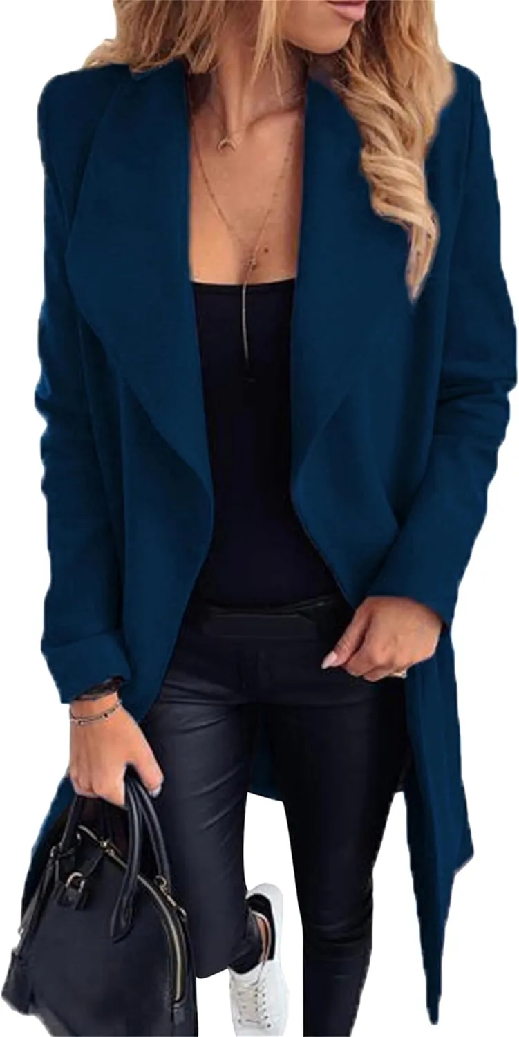 Women Solid Color Long Sleeve Trench Coat Lapel Collar Belt Jackets Wool Blend Wrap Work Long Coats