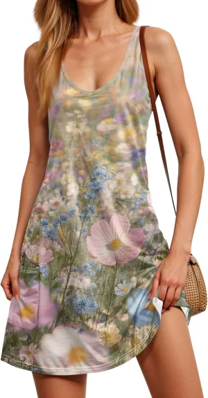 Women Summer Dresses Casual Sleeveless Dress with Pocket Vacation 2025 Swimsuit Coverup Beach Printed Sundress