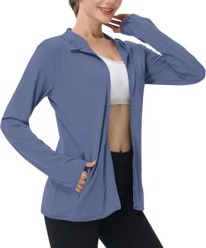 Women UPF 50  Sun Protection Jacket Solid Color Thumb Sleeve Hooded Cooling Shirt with Pockets Hiking Outdoor