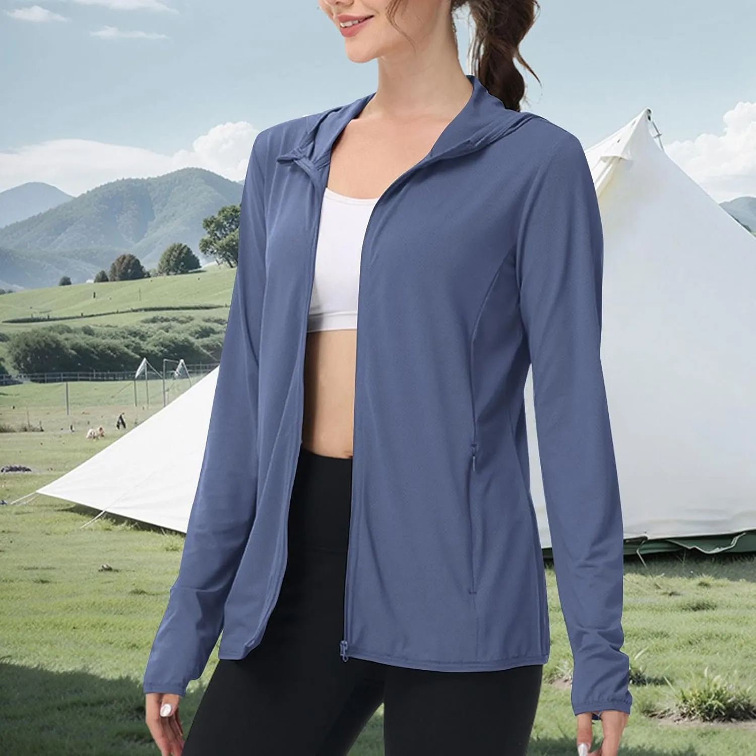 Women UPF 50  Sun Protection Jacket Solid Color Thumb Sleeve Hooded Cooling Shirt with Pockets Hiking Outdoor