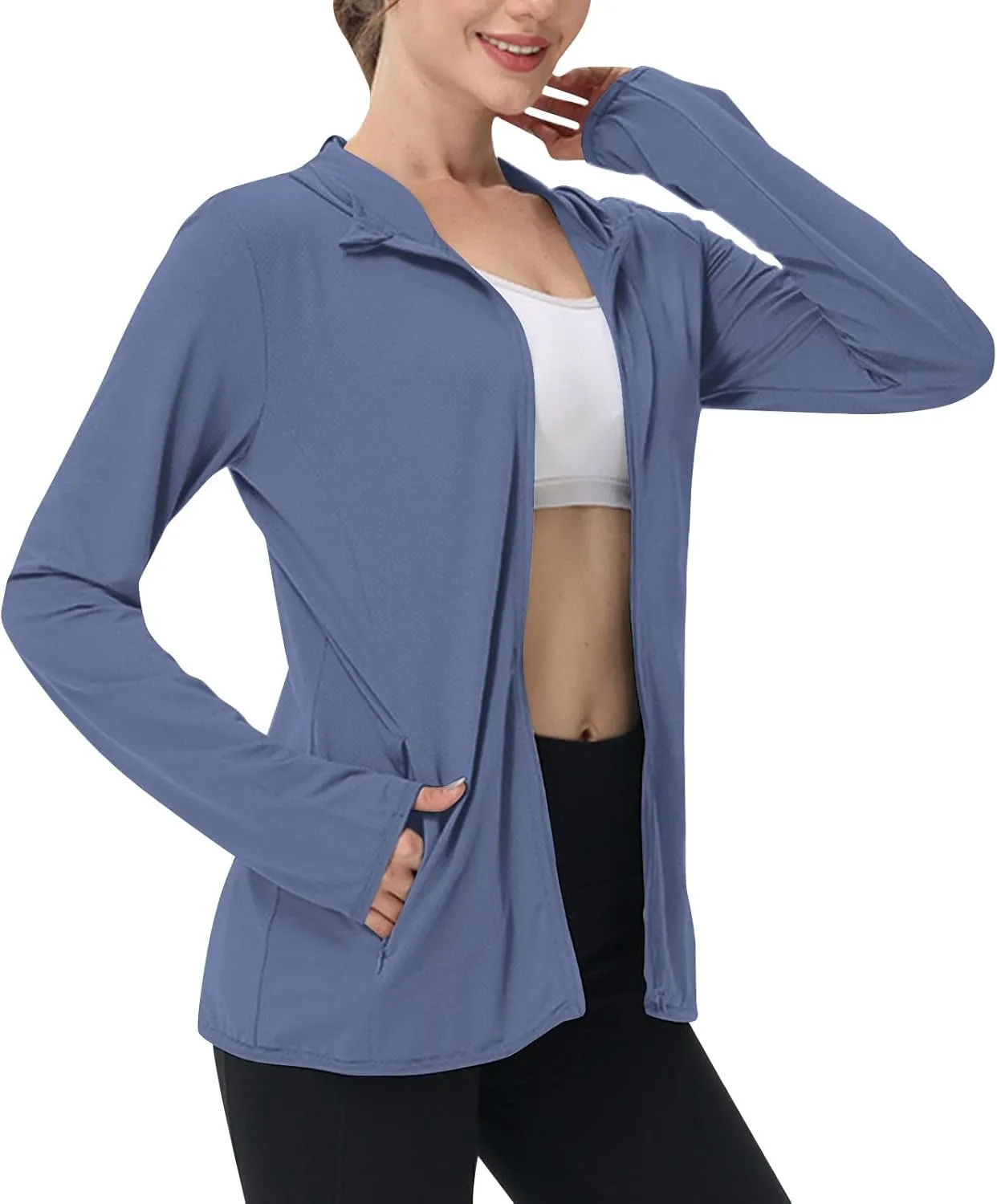 Women UPF 50  Sun Protection Jacket Solid Color Thumb Sleeve Hooded Cooling Shirt with Pockets Hiking Outdoor