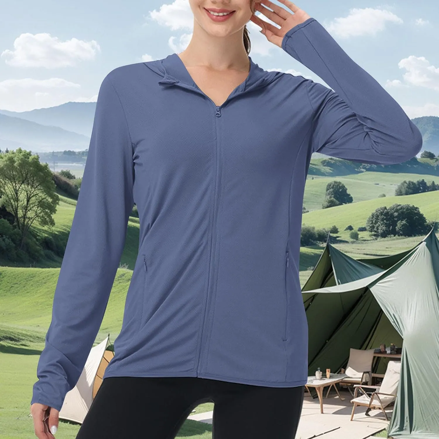 Women UPF 50  Sun Protection Jacket Solid Color Thumb Sleeve Hooded Cooling Shirt with Pockets Hiking Outdoor
