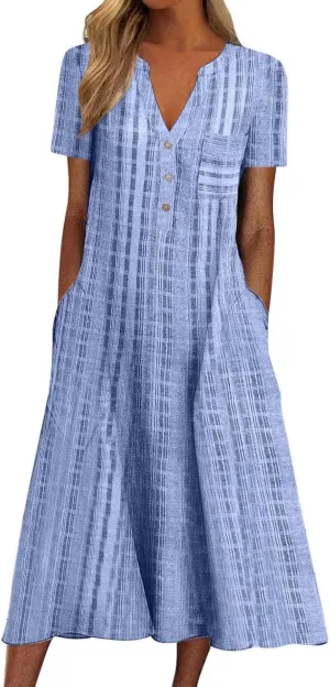 Womens 2023 Summer Casual Tank Dress Sleeveless Button Up V Neck Print Hem Swing Midi Sundress with Pocket Mid Calf Length