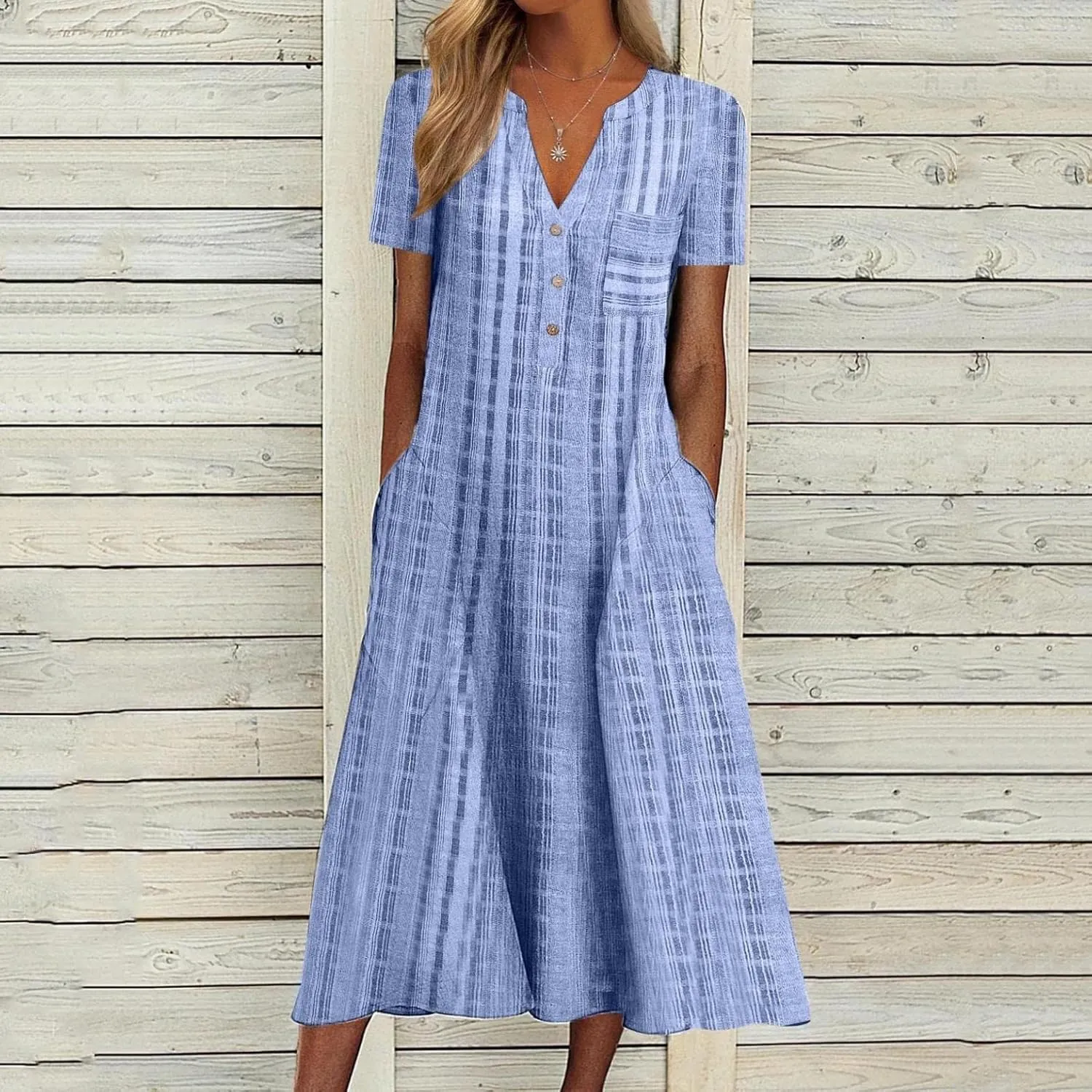 Womens 2023 Summer Casual Tank Dress Sleeveless Button Up V Neck Print Hem Swing Midi Sundress with Pocket Mid Calf Length