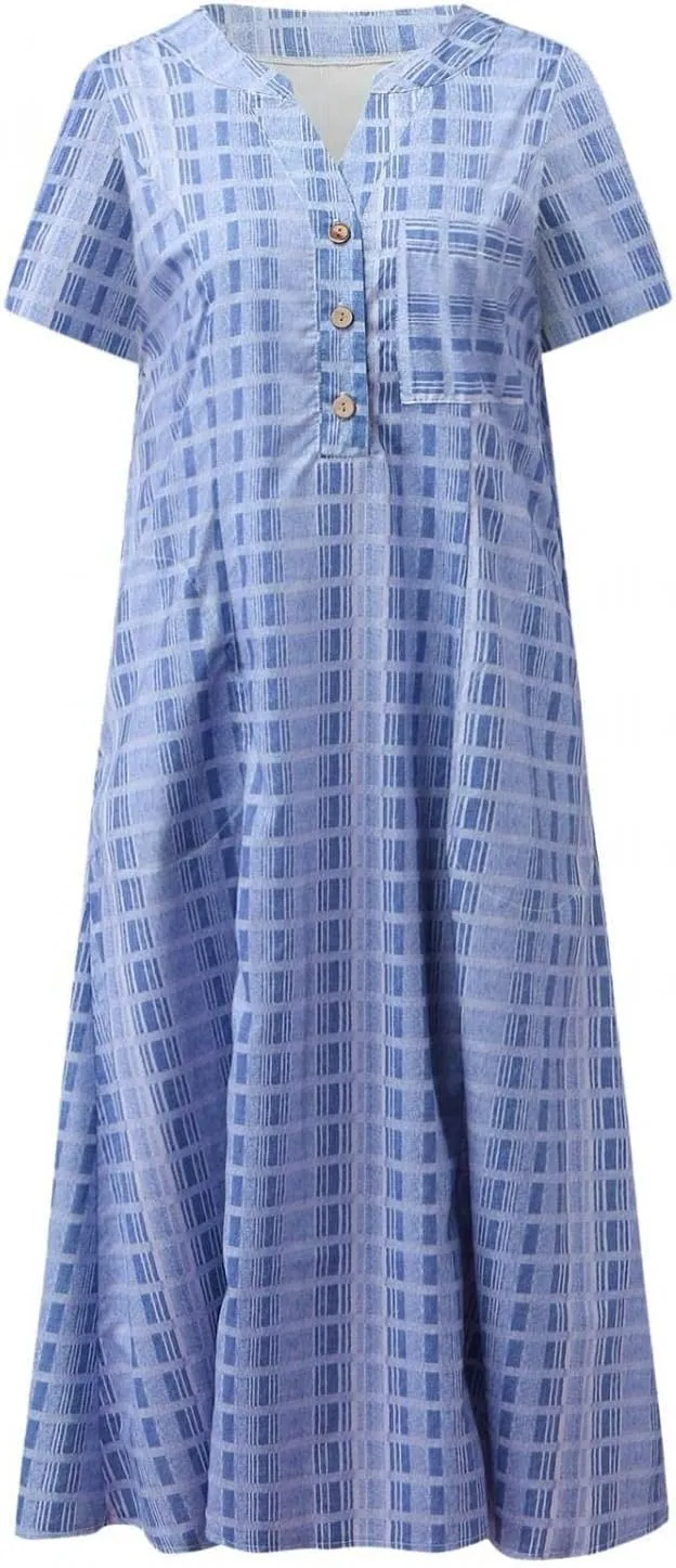 Womens 2023 Summer Casual Tank Dress Sleeveless Button Up V Neck Print Hem Swing Midi Sundress with Pocket Mid Calf Length