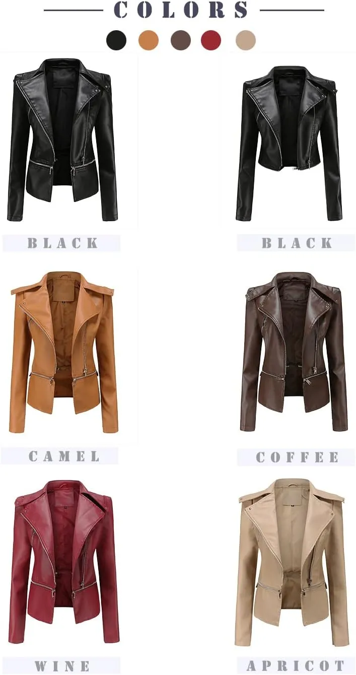 Women's Biker Moto Leather Jacket, Detachable Hem Zip Up PU Coat Jacket Outerwear