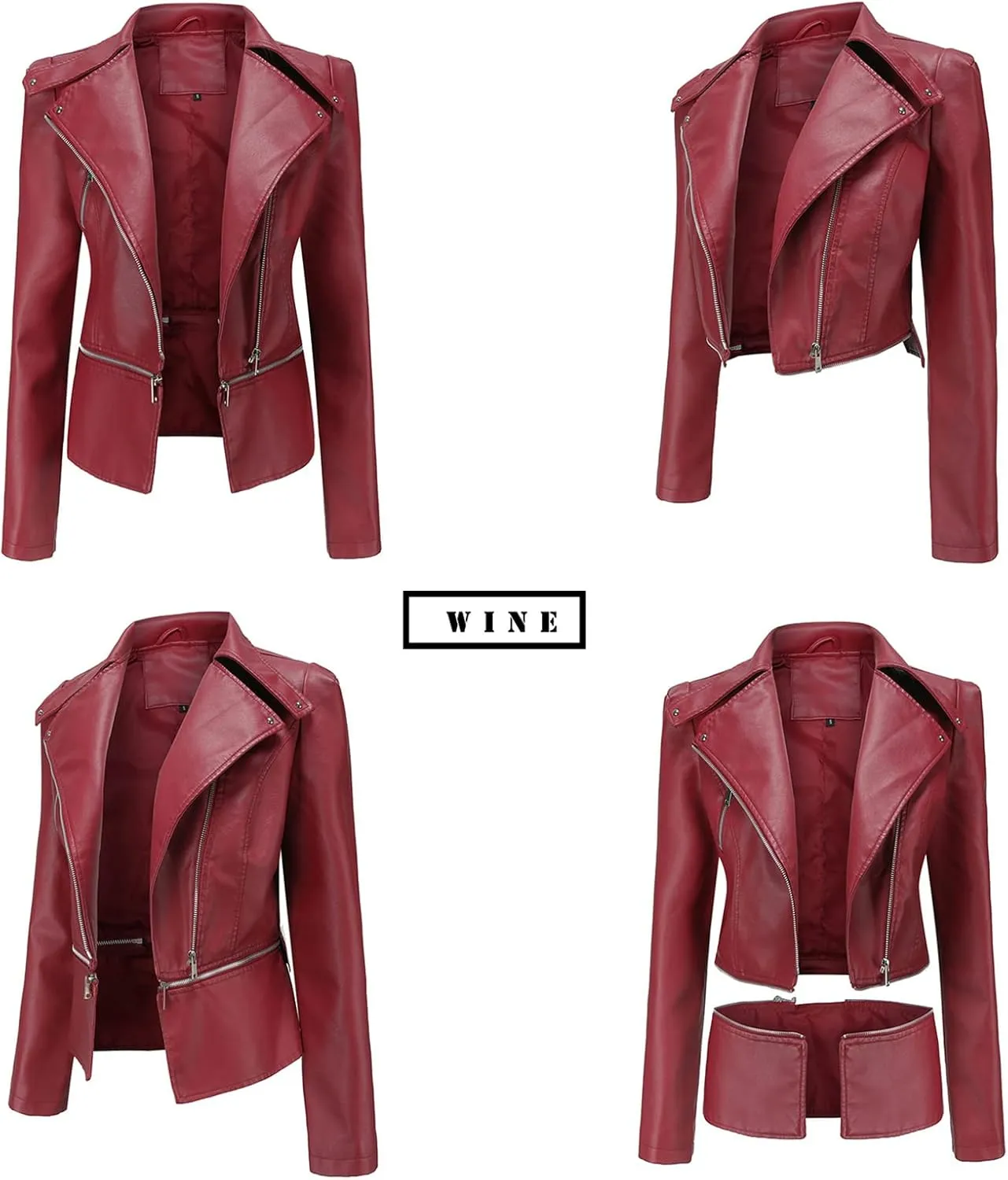 Women's Biker Moto Leather Jacket, Detachable Hem Zip Up PU Coat Jacket Outerwear