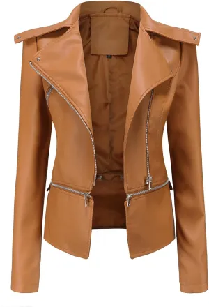 Women's Biker Moto Leather Jacket, Detachable Hem Zip Up PU Coat Jacket Outerwear