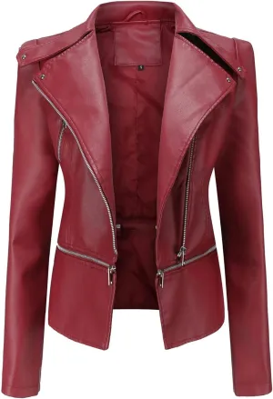 Women's Biker Moto Leather Jacket, Detachable Hem Zip Up PU Coat Jacket Outerwear