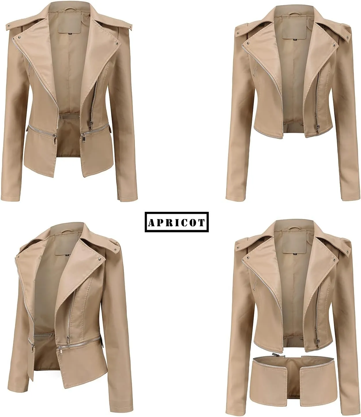 Women's Biker Moto Leather Jacket, Detachable Hem Zip Up PU Coat Jacket Outerwear