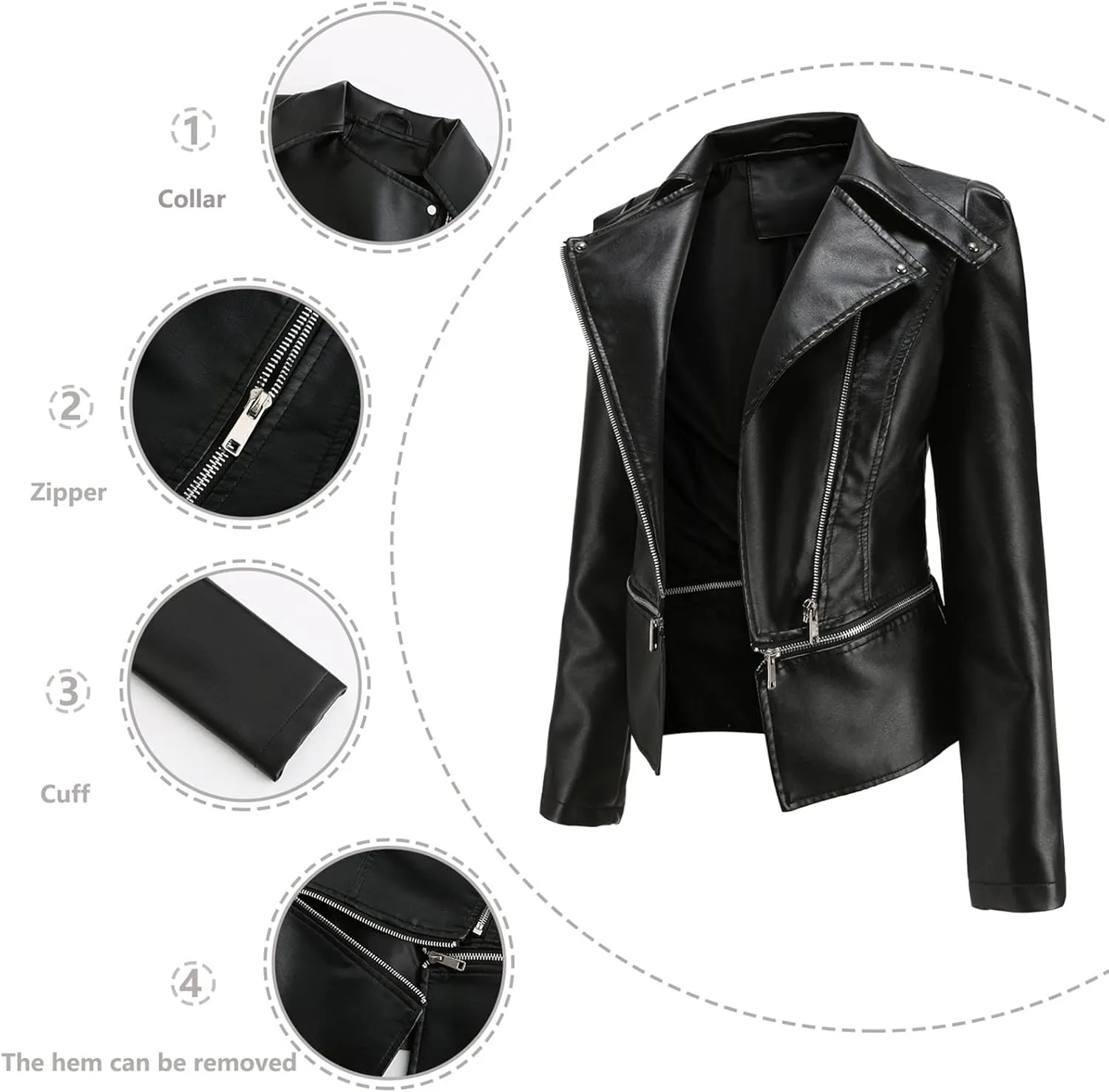 Women's Biker Moto Leather Jacket, Detachable Hem Zip Up PU Coat Jacket Outerwear
