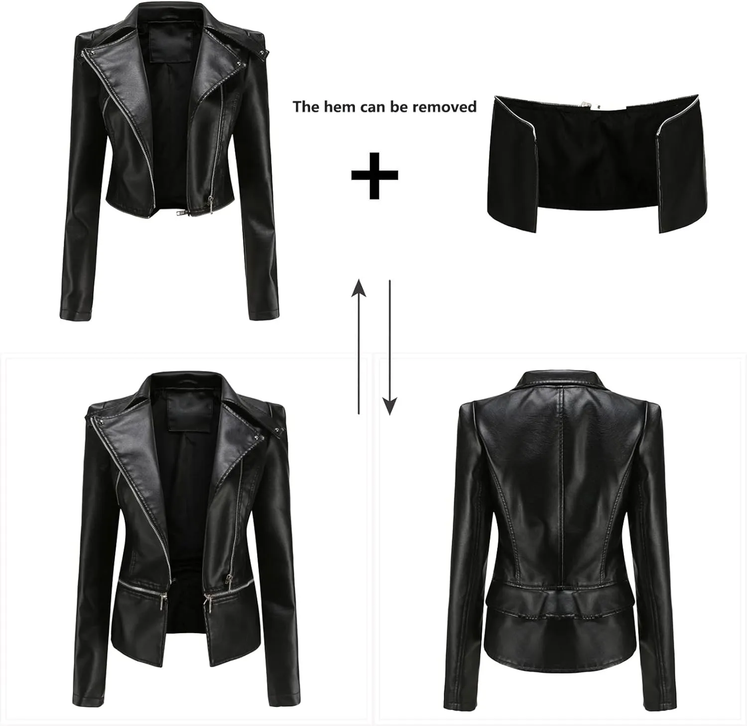 Women's Biker Moto Leather Jacket, Detachable Hem Zip Up PU Coat Jacket Outerwear