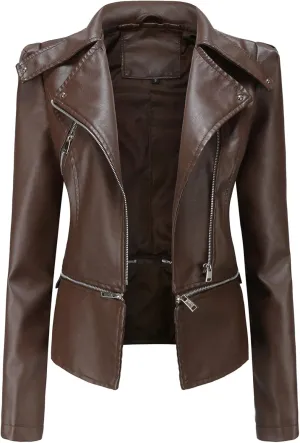 Women's Biker Moto Leather Jacket, Detachable Hem Zip Up PU Coat Jacket Outerwear