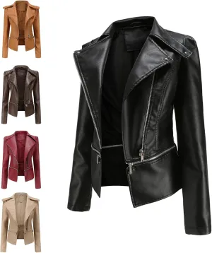 Women's Biker Moto Leather Jacket, Detachable Hem Zip Up PU Coat Jacket Outerwear