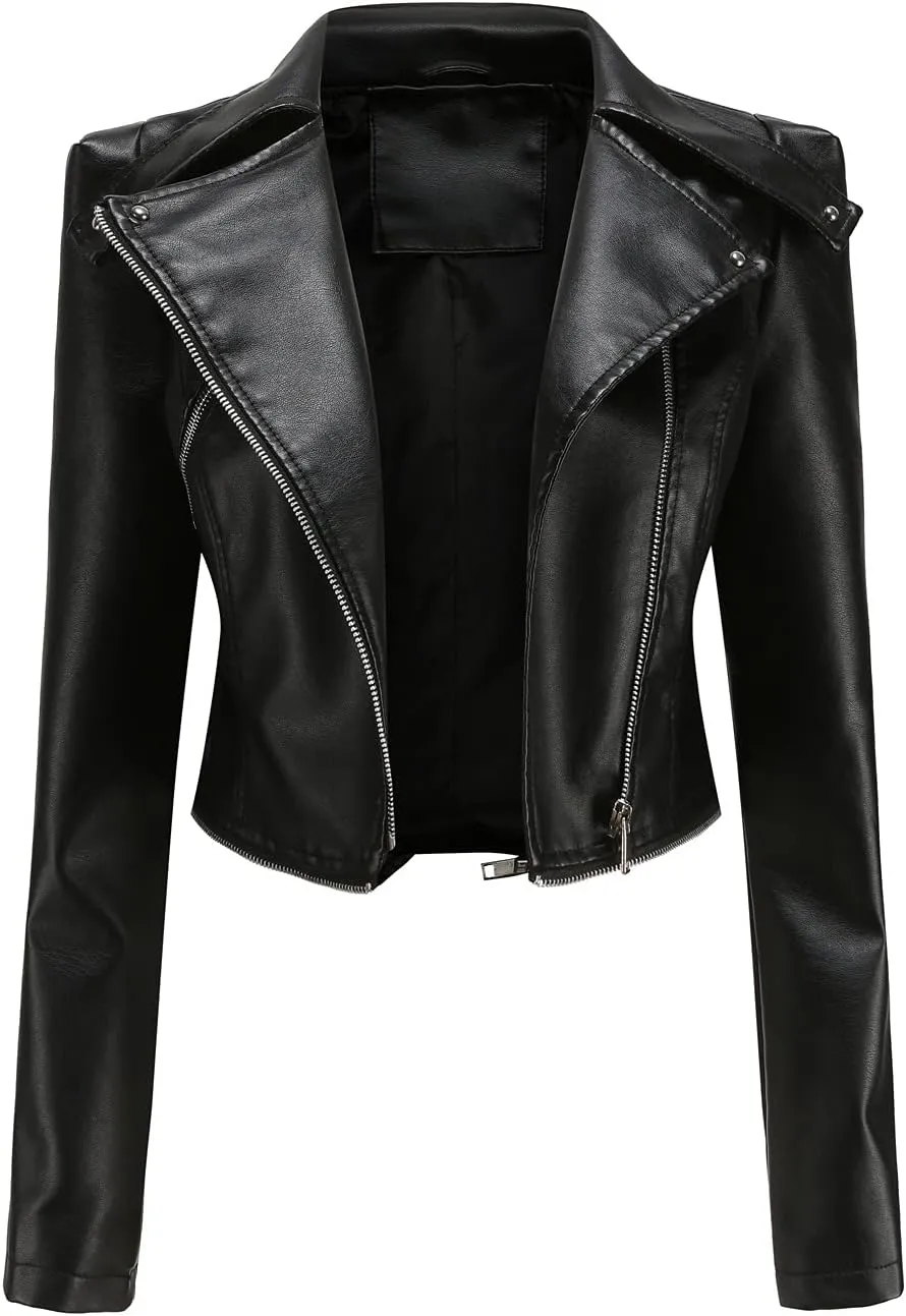 Women's Biker Moto Leather Jacket, Detachable Hem Zip Up PU Coat Jacket Outerwear