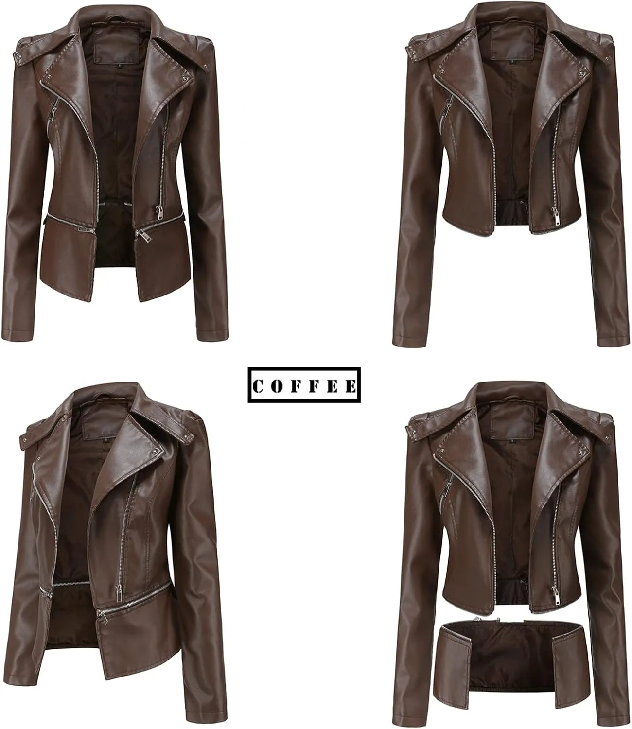 Women's Biker Moto Leather Jacket, Detachable Hem Zip Up PU Coat Jacket Outerwear