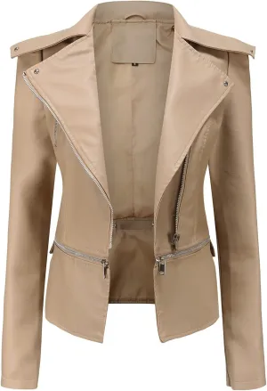 Women's Biker Moto Leather Jacket, Detachable Hem Zip Up PU Coat Jacket Outerwear