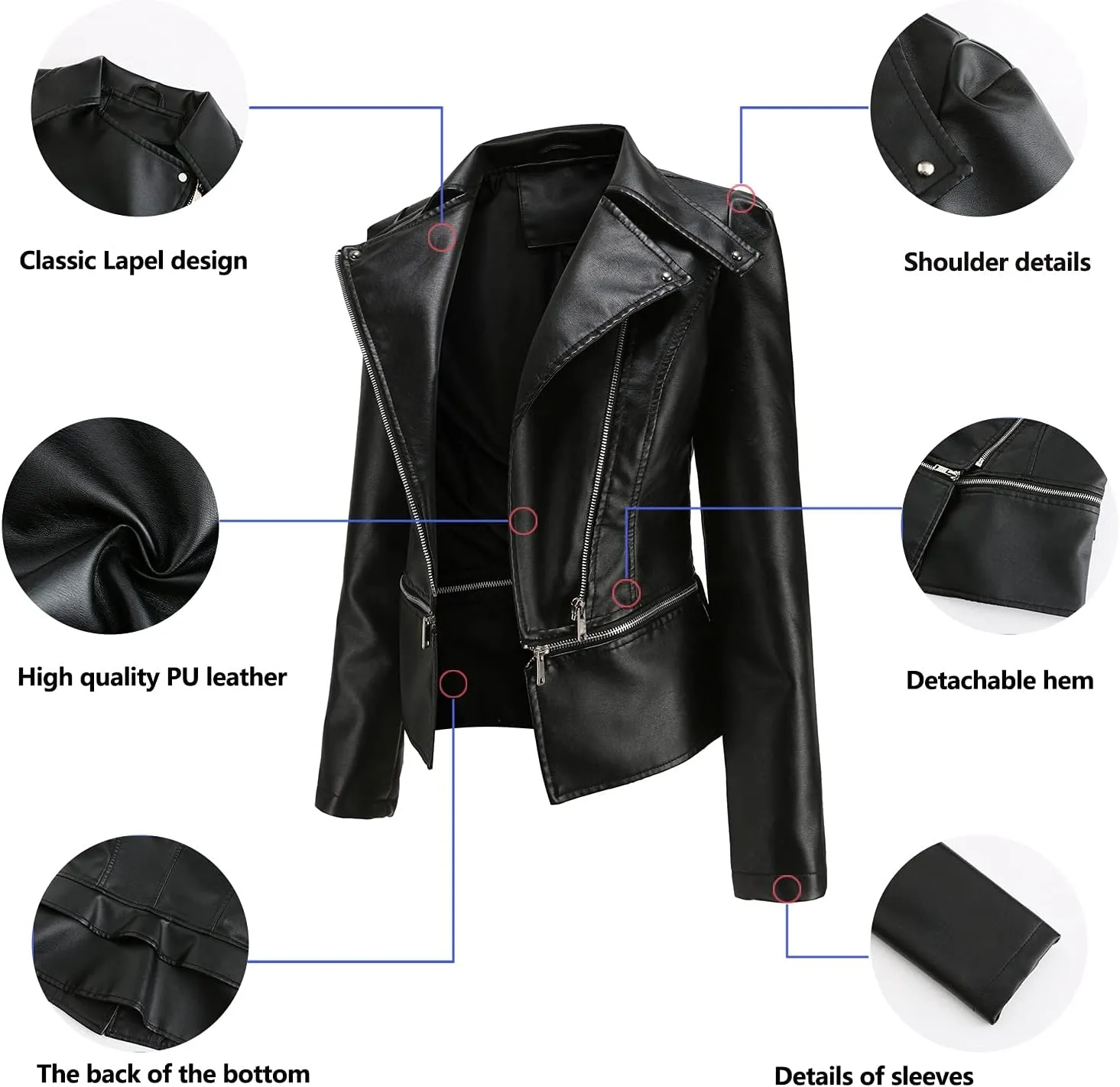 Women's Biker Moto Leather Jacket, Detachable Hem Zip Up PU Coat Jacket Outerwear