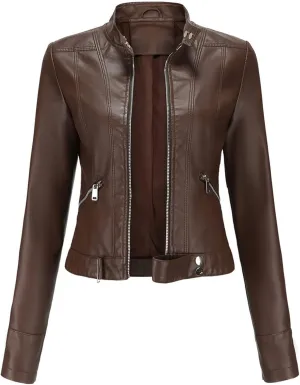 Women's Biker Moto Leather Jacket, PU Slim Short Zip Up Coat Jacket Outerwear