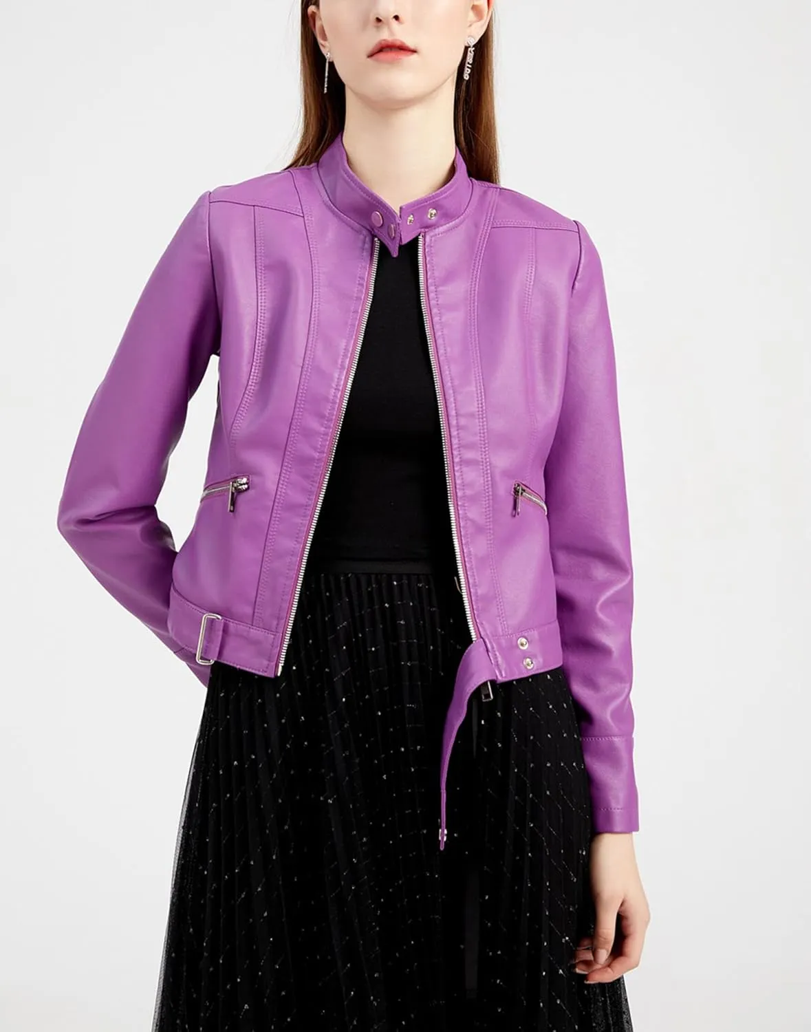 Women's Biker Moto Leather Jacket, PU Slim Short Zip Up Coat Jacket Outerwear