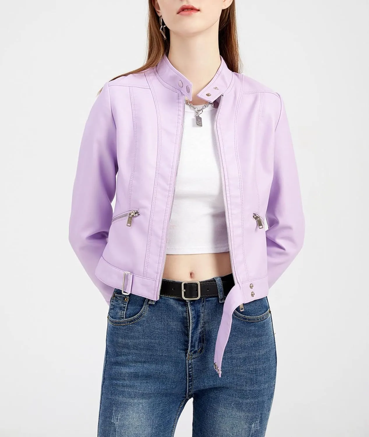 Women's Biker Moto Leather Jacket, PU Slim Short Zip Up Coat Jacket Outerwear