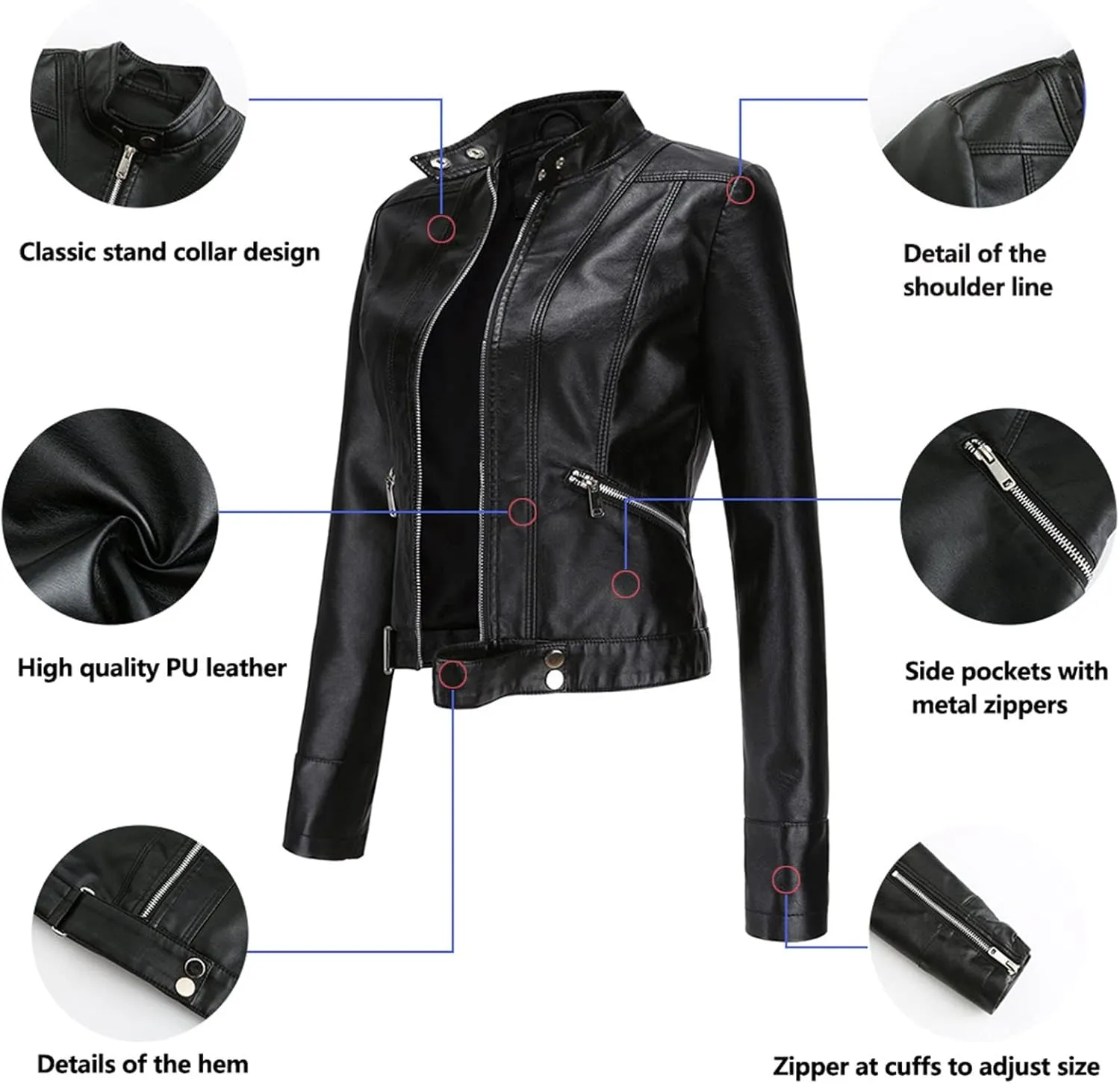 Women's Biker Moto Leather Jacket, PU Slim Short Zip Up Coat Jacket Outerwear