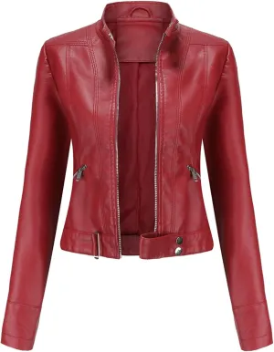 Women's Biker Moto Leather Jacket, PU Slim Short Zip Up Coat Jacket Outerwear