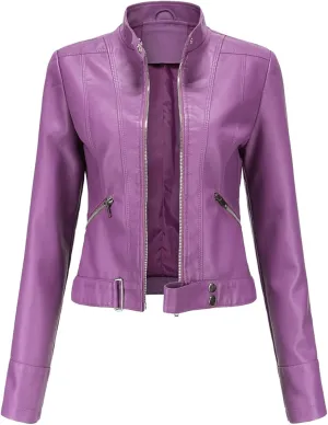 Women's Biker Moto Leather Jacket, PU Slim Short Zip Up Coat Jacket Outerwear