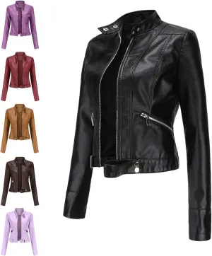 Women's Biker Moto Leather Jacket, PU Slim Short Zip Up Coat Jacket Outerwear