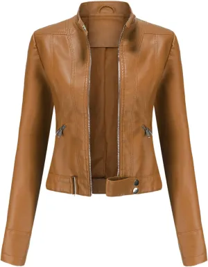 Women's Biker Moto Leather Jacket, PU Slim Short Zip Up Coat Jacket Outerwear