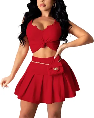 Womens Bodycon Dress Set - Tie Knot Front Crop Tank Top High Waist Pleated Mini Skirt Two Piece Outfit Suit Set