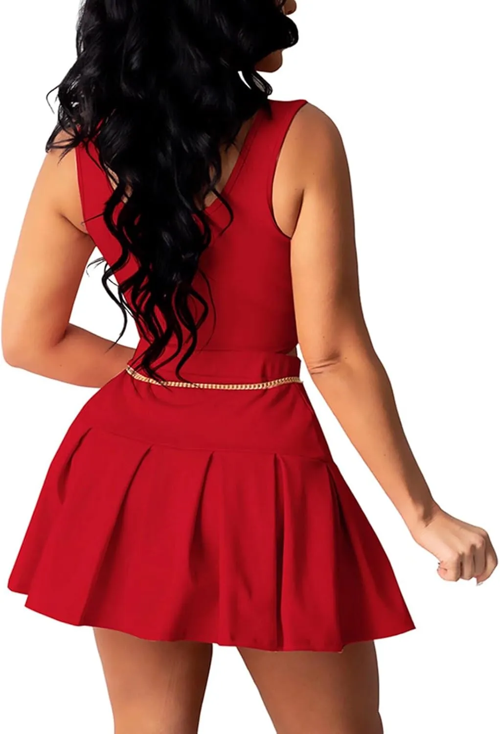 Womens Bodycon Dress Set - Tie Knot Front Crop Tank Top High Waist Pleated Mini Skirt Two Piece Outfit Suit Set
