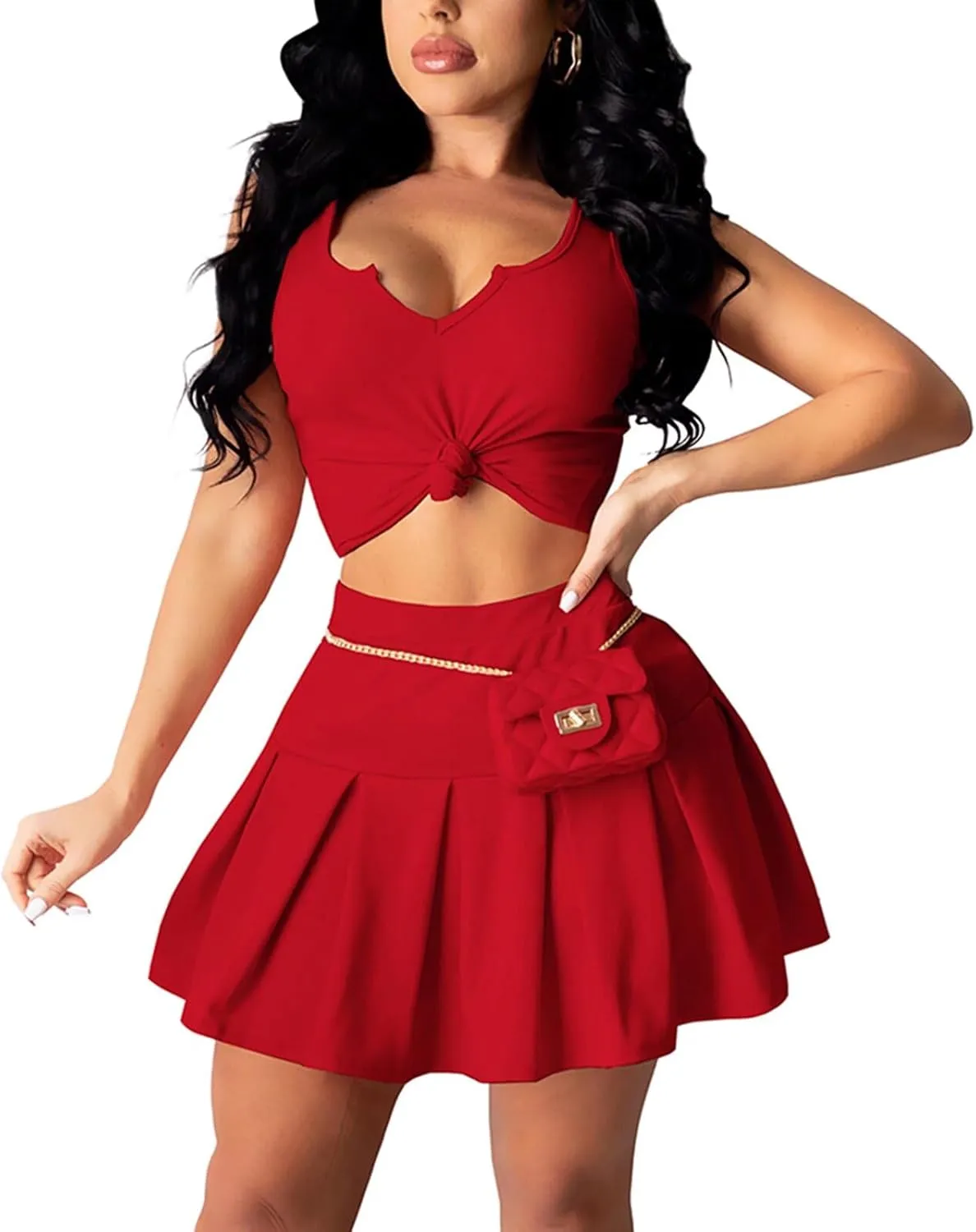 Womens Bodycon Dress Set - Tie Knot Front Crop Tank Top High Waist Pleated Mini Skirt Two Piece Outfit Suit Set