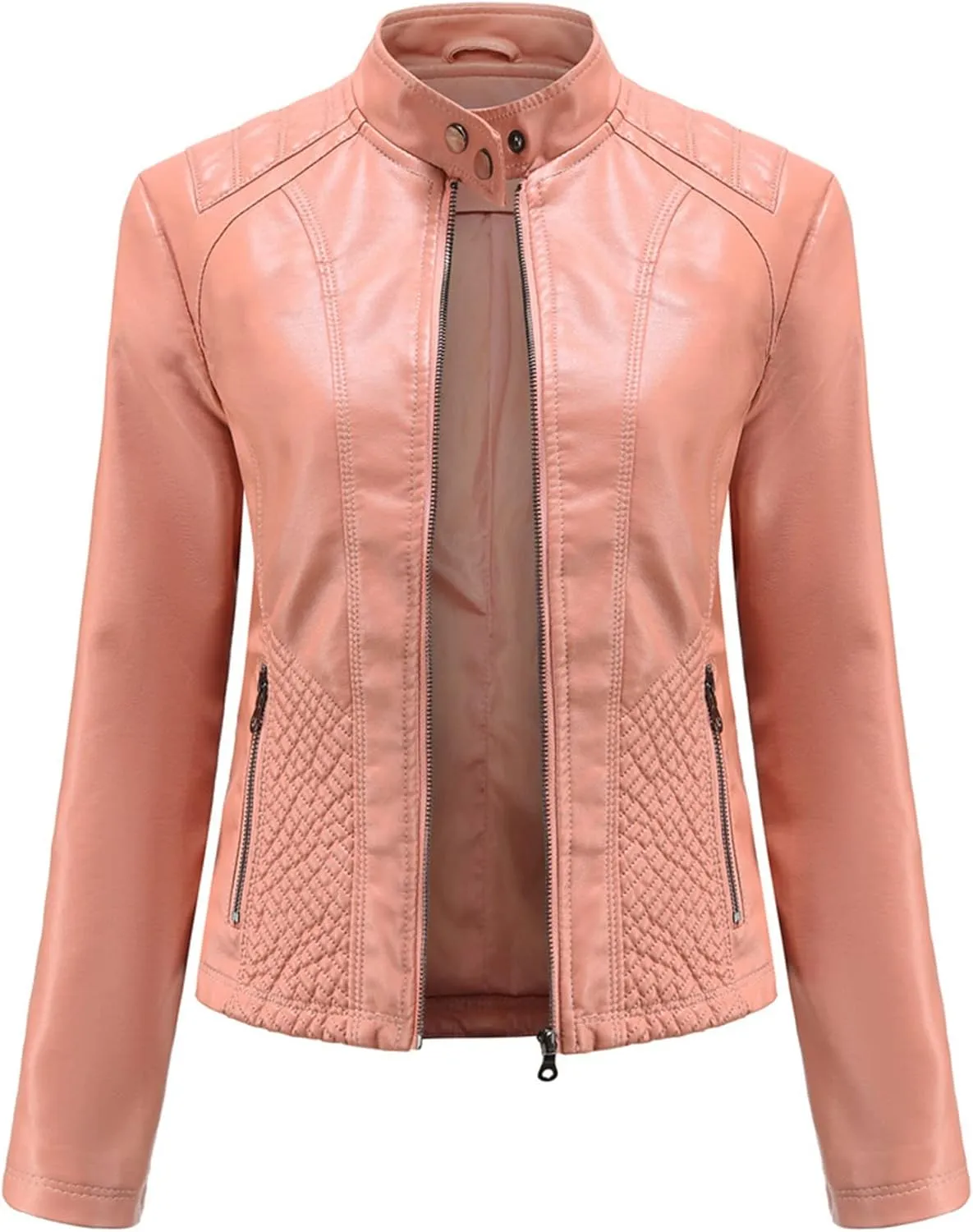 Women's Casual Faux Leather Motorcycle Jacket PU Moto Biker Coat with Zipper Pockets