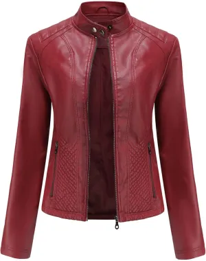 Women's Casual Faux Leather Motorcycle Jacket PU Moto Biker Coat with Zipper Pockets
