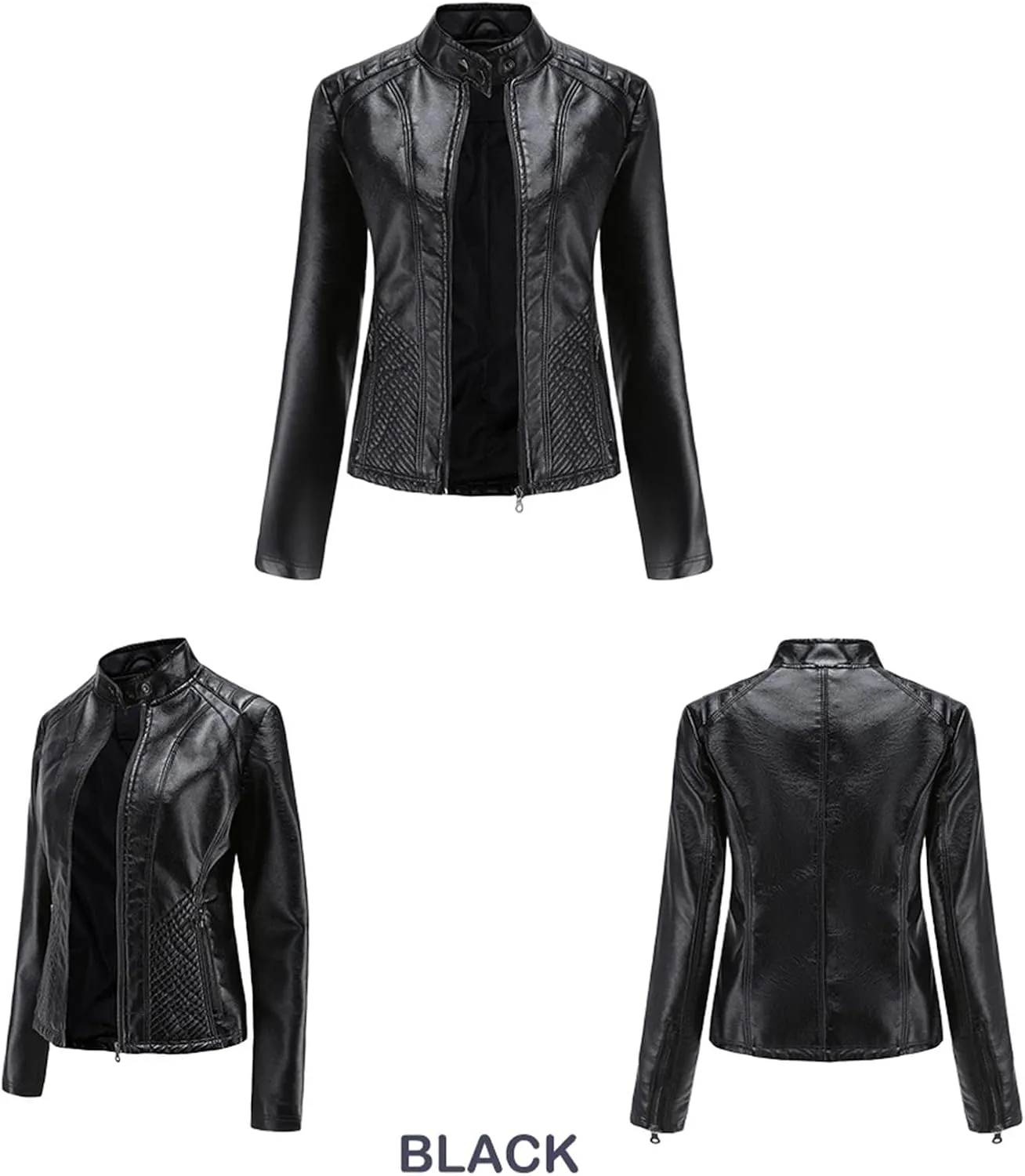 Women's Casual Faux Leather Motorcycle Jacket PU Moto Biker Coat with Zipper Pockets