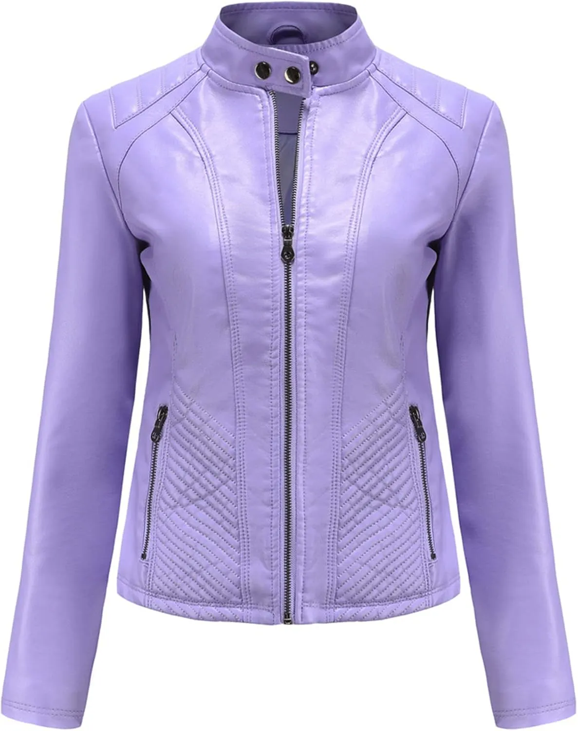 Women's Casual Faux Leather Motorcycle Jacket PU Moto Biker Coat with Zipper Pockets