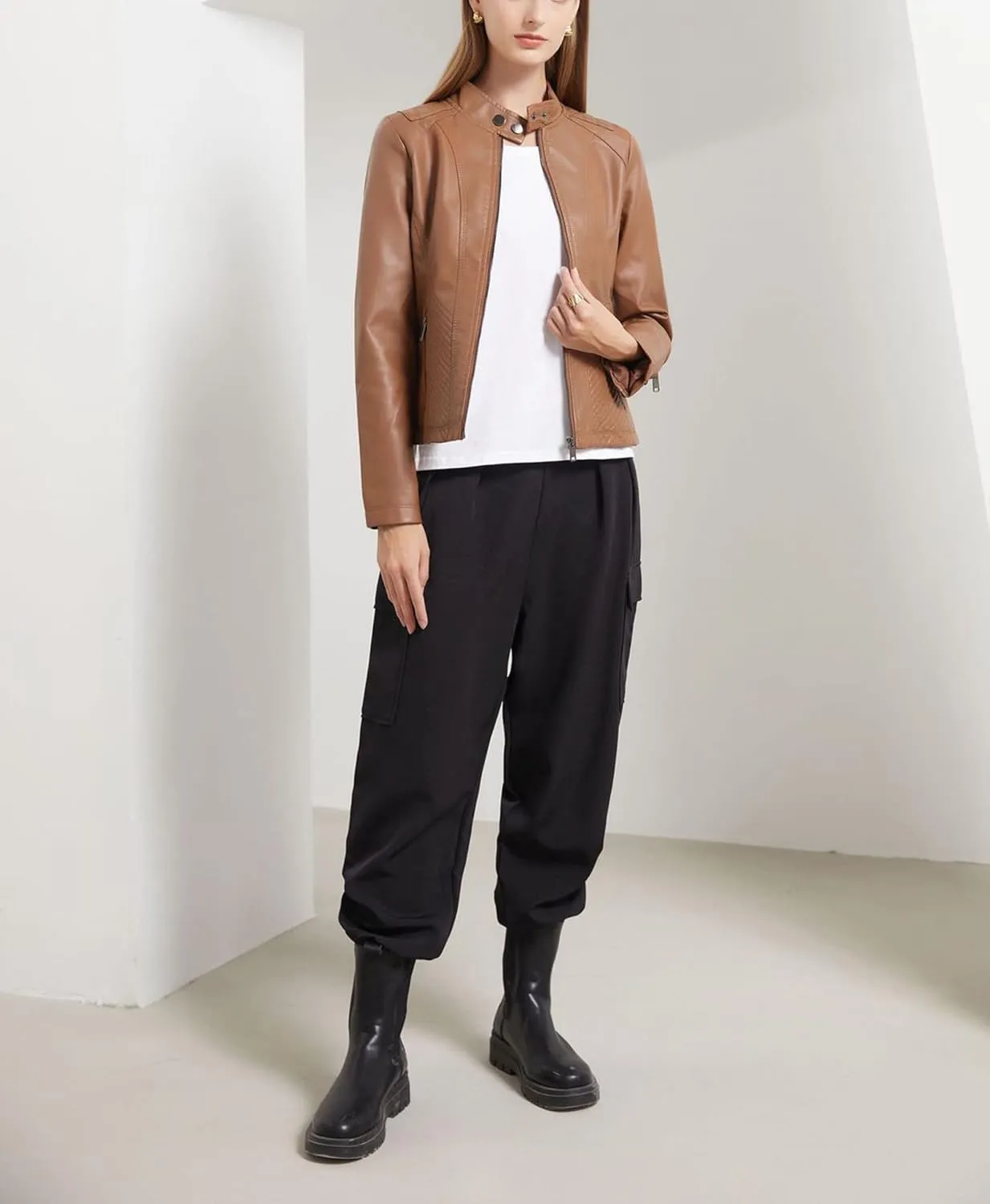 Women's Casual Faux Leather Motorcycle Jacket PU Moto Biker Coat with Zipper Pockets