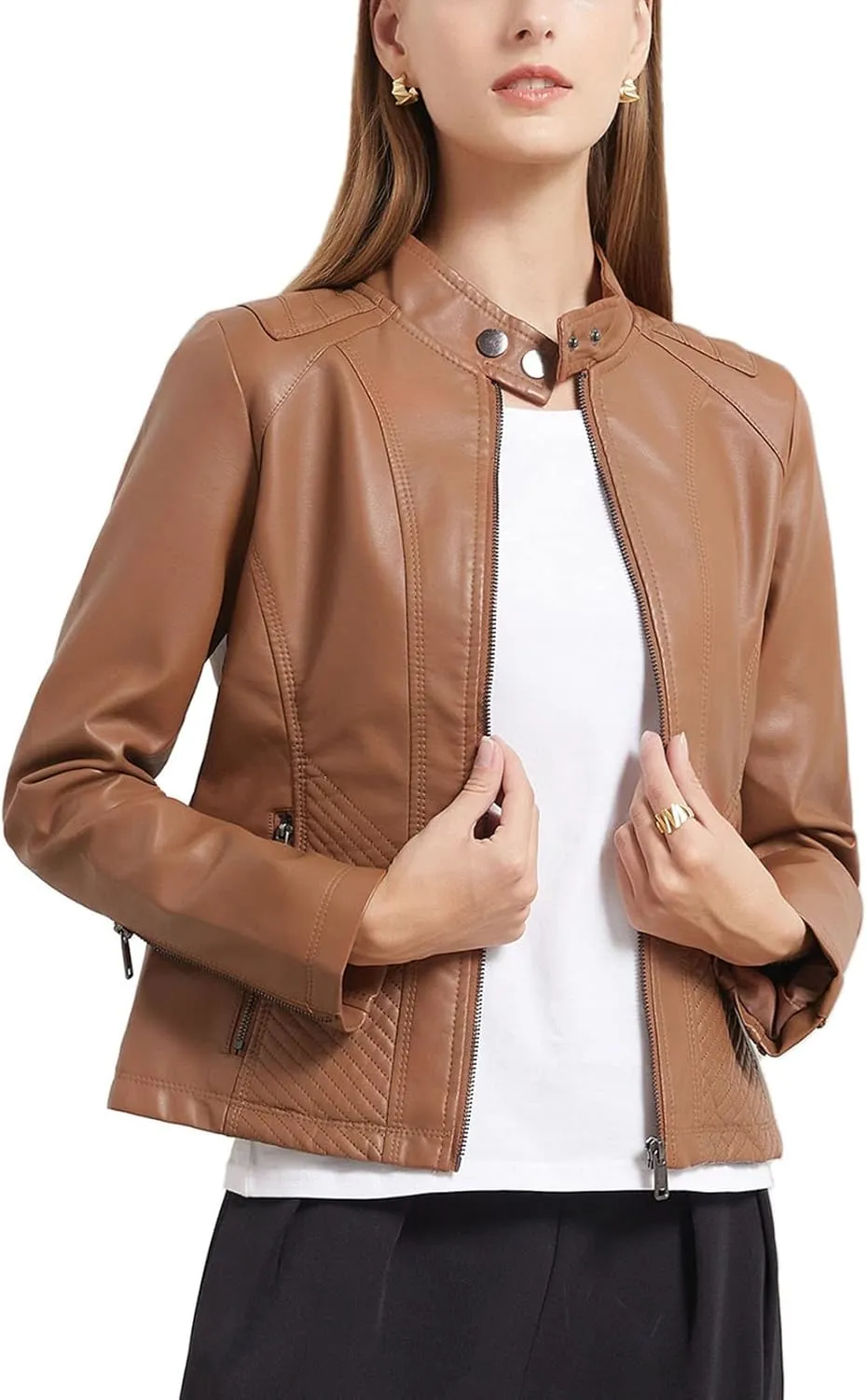 Women's Casual Faux Leather Motorcycle Jacket PU Moto Biker Coat with Zipper Pockets