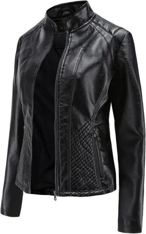 Women's Casual Faux Leather Motorcycle Jacket PU Moto Biker Coat with Zipper Pockets