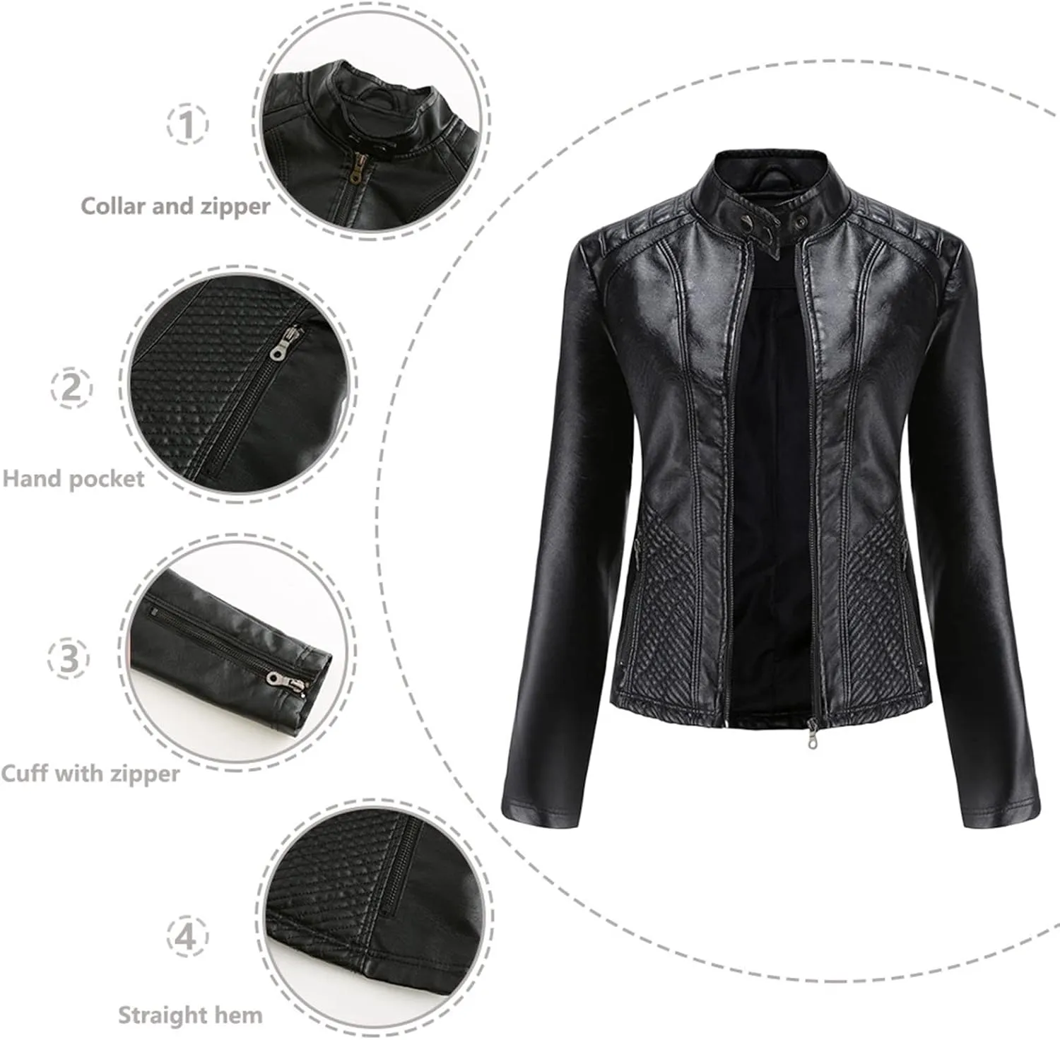 Women's Casual Faux Leather Motorcycle Jacket PU Moto Biker Coat with Zipper Pockets