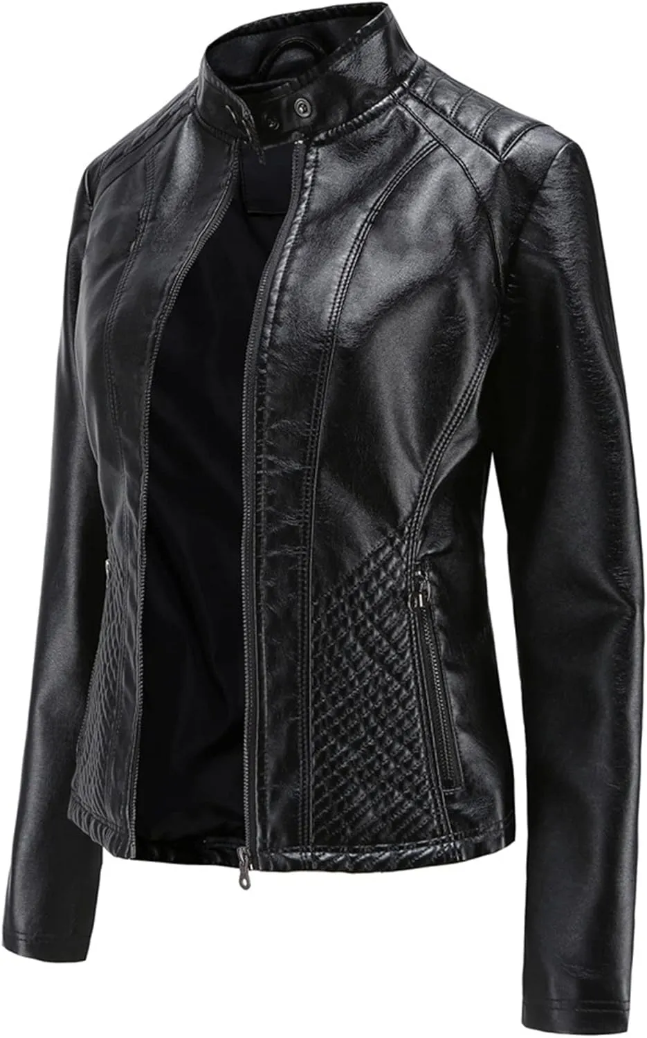 Women's Casual Faux Leather Motorcycle Jacket PU Moto Biker Coat with Zipper Pockets
