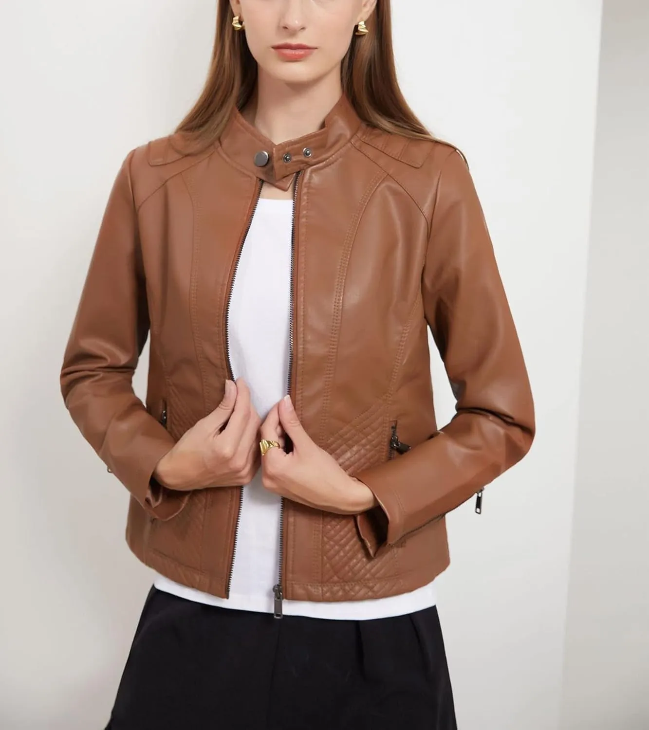 Women's Casual Faux Leather Motorcycle Jacket PU Moto Biker Coat with Zipper Pockets