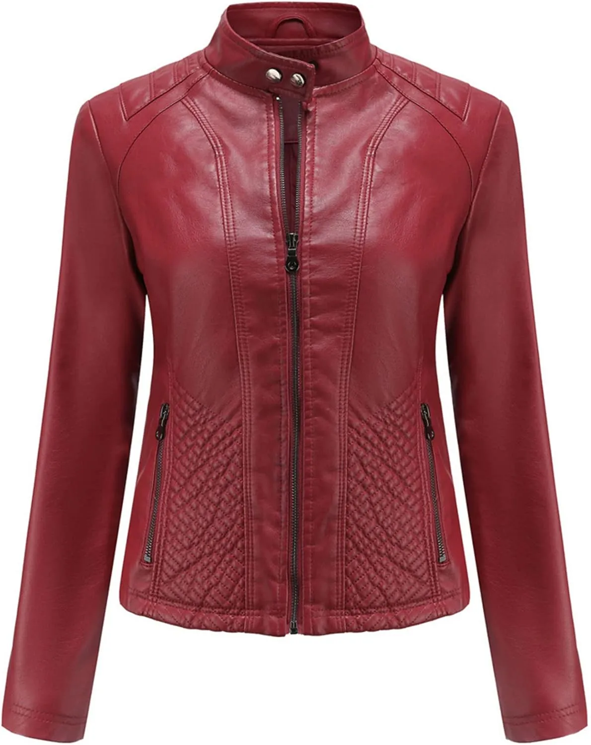 Women's Casual Faux Leather Motorcycle Jacket PU Moto Biker Coat with Zipper Pockets
