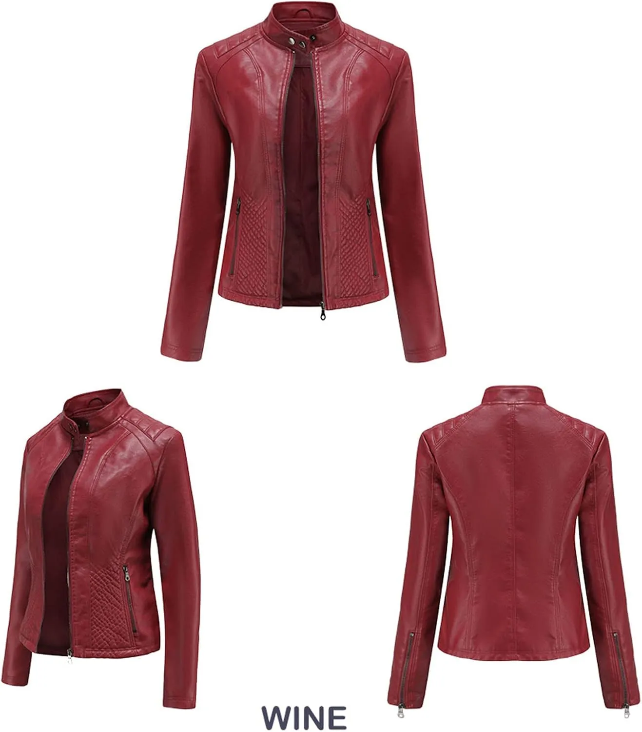 Women's Casual Faux Leather Motorcycle Jacket PU Moto Biker Coat with Zipper Pockets