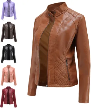 Women's Casual Faux Leather Motorcycle Jacket PU Moto Biker Coat with Zipper Pockets