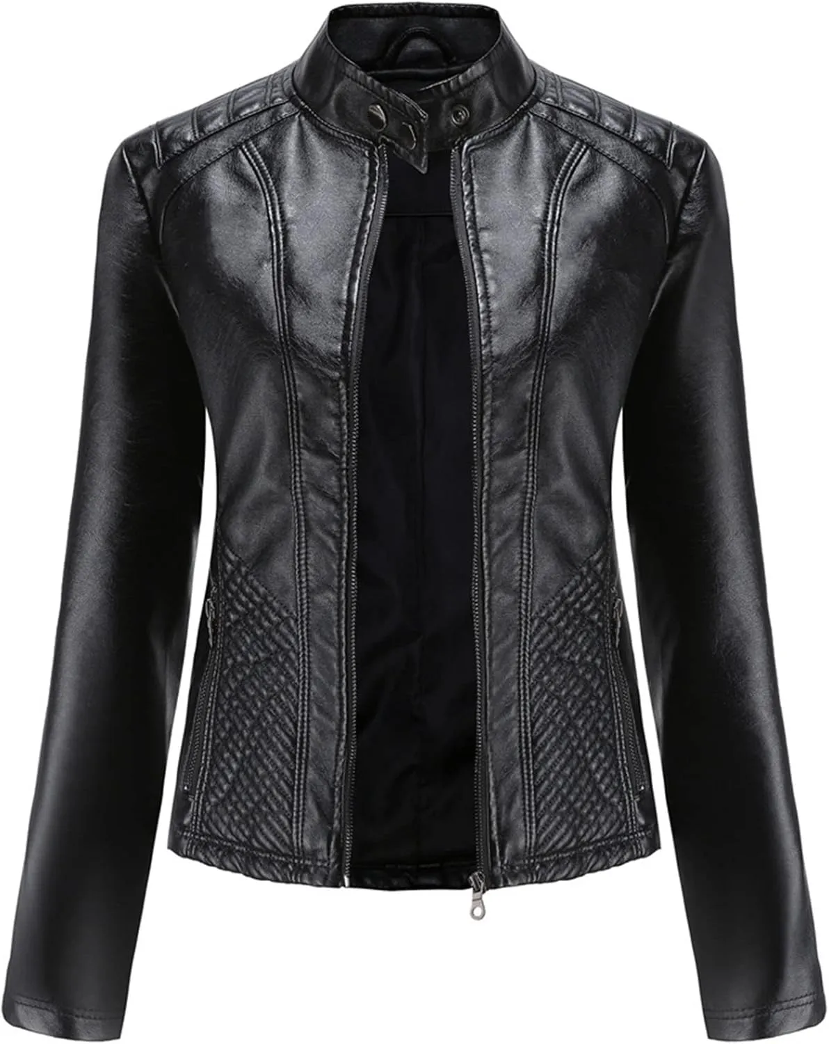 Women's Casual Faux Leather Motorcycle Jacket PU Moto Biker Coat with Zipper Pockets