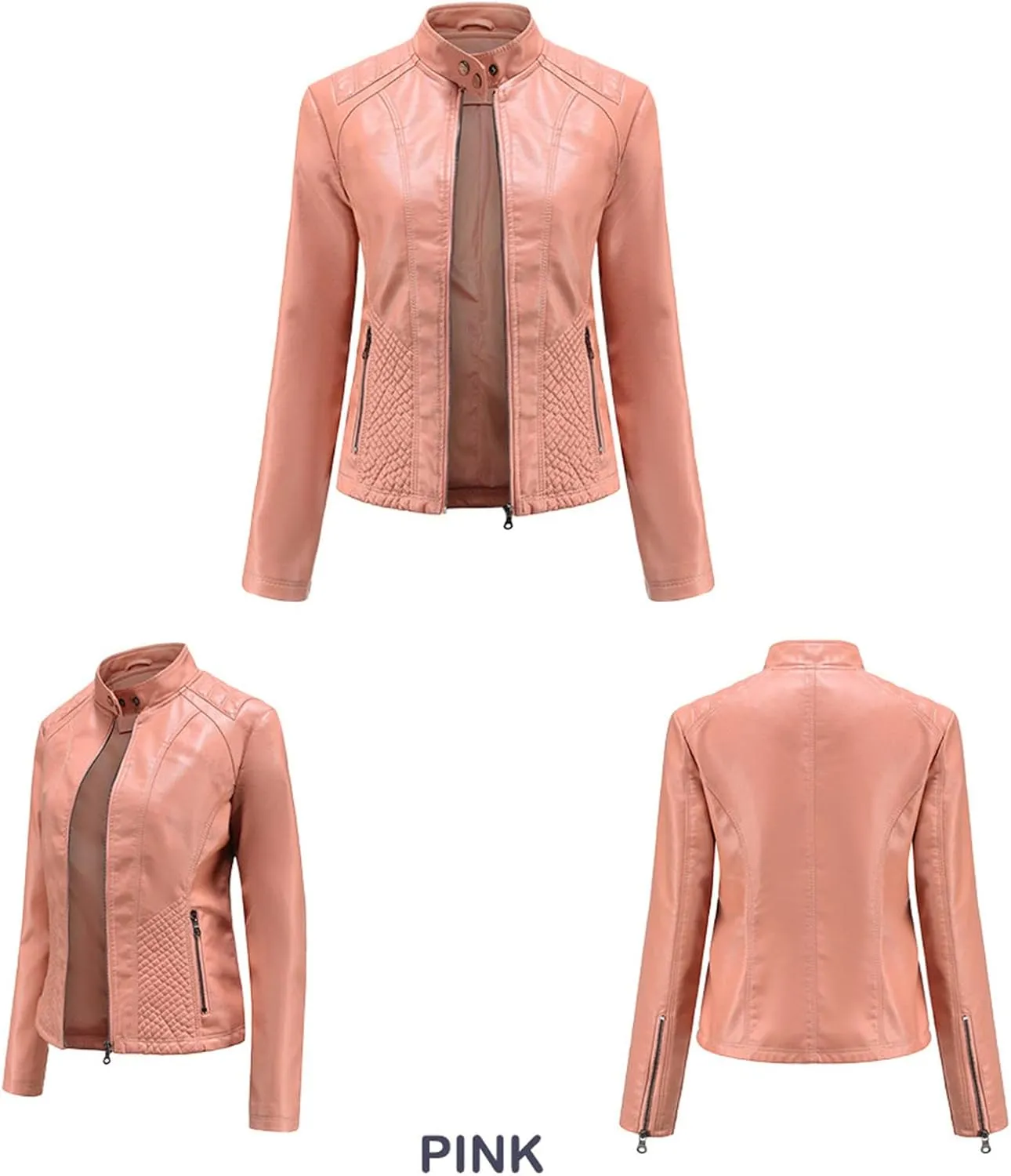 Women's Casual Faux Leather Motorcycle Jacket PU Moto Biker Coat with Zipper Pockets
