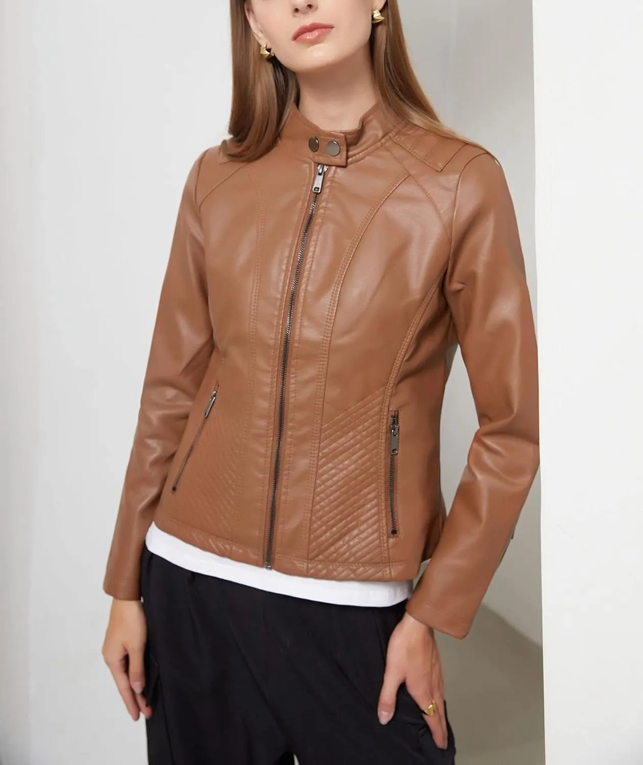 Women's Casual Faux Leather Motorcycle Jacket PU Moto Biker Coat with Zipper Pockets